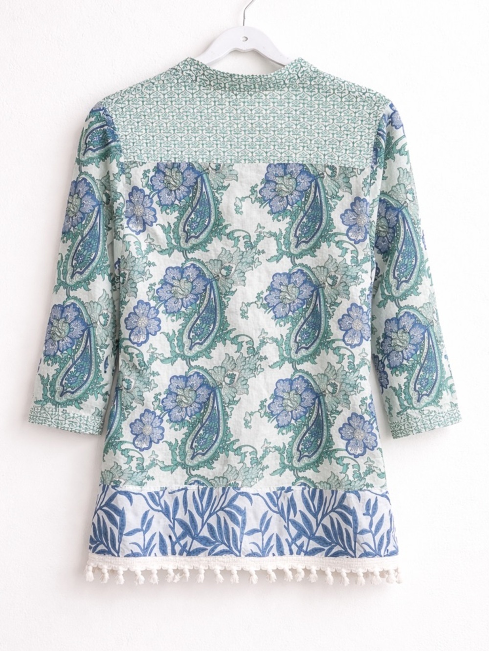 Bindi Tunic Top S Cotton Green Blue Paisley Boho Beach Cover Up Tassel - Picture 3 of 6